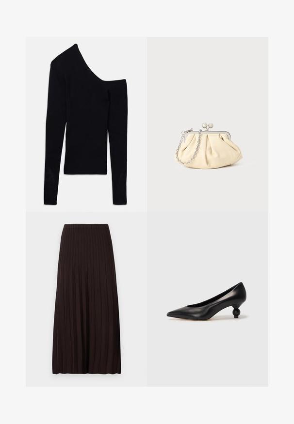 Juodas ilgomis rankovėmis liemenė su asimetrine apykakle, kurioje viena petys atidengtas, o kita rankovė visiškai uždengta.; Juodas plisėtas midi sijonas su aukštu juosmeniu, pagamintas iš megztos medžiagos su briaunomis, pasižymintis vertikaliais ruoželiais, suteikiančiais tekstūrą, ir laisvų siluetu.; Juoda odinė aukštakulnė bateliai su smailiu pirštu ir apvaliu, iškiliu kulnu. Lygus paviršius su elegantišku, minimalistiniu dizainu.; Plyšiniai smėlio spalvos odiniai rankinukai su sidabriniu metaliniu rėmu, turintys du apvalius dekoratyvinius užtrauktukus ir sidabrinę grandinėlę.