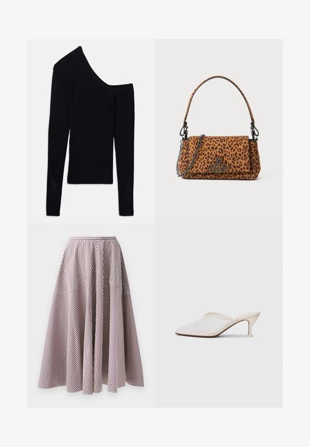 Schwarzes, geripptes Langarmoberteil mit asymmetrischem Ausschnitt, bei dem eine Schulter freigelegt und ein Arm komplett bedeckt ist.; Gestreifte Skirt mit vertikalen weißen und bordeauxfarbenen Linien, mit einem ausgestellten Design und gerafftem Material an der Taille, aus leichtem Stoff gefertigt.; Weiße Mesh-Pantoletten mit spitzer Zehenform, schlankem Mittelabsatz und Slip-On-Design vor einem schlichten Hintergrund.; Tasche im Leopardenmuster aus Wildleder mit kurzem Tragegriff, einer Kettenriemen und einem schwarzen Hardware-Verschluss. Rechteckige Form mit Klappenverschluss.