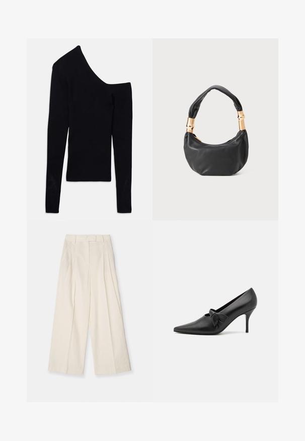 Black ribbed long-sleeve top with an asymmetrical neckline, featuring one shoulder exposed and one full sleeve.; Wide-leg trousers in textured cream fabric. Features a high waist with pleats, belt loops, and a clean, minimal design.; GIABORGHINI ARTEMIS - Classic heels - black; Black leather handbag with a round shape, soft texture, and a knotted handle featuring gold-tone hardware accents. Zipper closure.