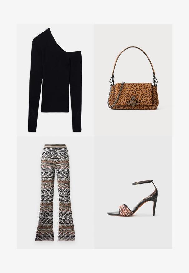 Černý žebrovaný top s dlouhým rukávem a asymetrickým výstřihem, s jedním odhaleným ramenem a jedním plným rukávem.; Rozšířené kalhoty s vlnitým vzorem v černé, bílé a odstínech hnědé. Měkká látka s pružným pasem pro pohodlí.; Černé sandály na podpatku s páskem kolem kotníku. Mají texturovaný, vícebarevný pruh látky přes prsty. Hladký kožený povrch.; Kabelka s leopardím potiskem vyrobená z semiše, s krátkým uchom, řetízkovým popruhem a černým kovovým zapínáním. Obdélníkový tvar s klopou.
