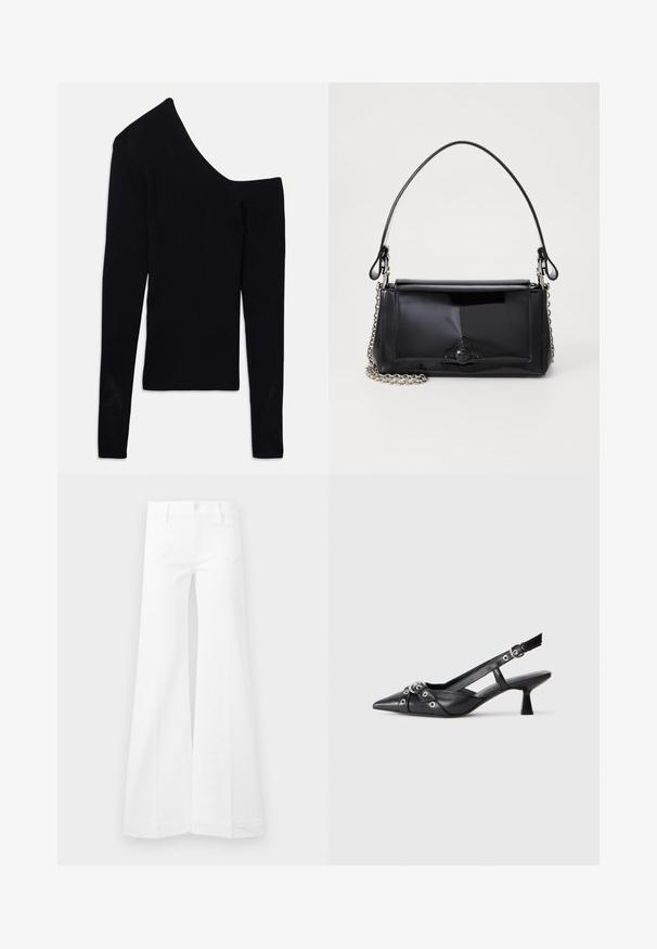 Fekete bordázott, hosszú ujjú felső, aszimmetrikus dekoltázzsal, az egyik váll ki van fedve, míg a másik teljes ujjú.; Fehér magas derékú, bő szárú nadrág szív alakú elülső zsebekkel, gombos zárással és övhurkokkal, sima háttér előtt bemutatva.; Fekete bőr slingback cipő hegyes orral, dekoratív pántokkal, fém szemekkel és alacsony blokk sarkú. Texturált felület.; Fekete lakkbőr kézitáska téglalap alakú, láncos vállpánttal és középen egy jellegzetes fém díszítéssel. Simaszerkezet.