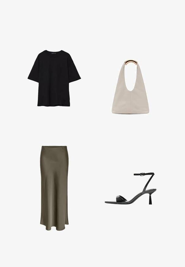 Čierne bavlnené tričko s voľným strihom, krátkymi rukávmi, zaobleným výstrihom a hladkou textúrou. Bez viditeľných vzorov alebo akcentov.; Dlhá olivovo zelená sukňa vyrobená z hladkej, lesklej tkaniny, so bočným rozparkom a jemným, splývavým dizajnom, ktorý sa elegantne splýva.; Bershka Sandále na vysokom opätku - black; Svetlosivá kožená taška s U-tvarom a zakrivenou kovovou rukoväťou. Hladký povrch s minimálnym prešívaním a bez viditeľných vzorov.
