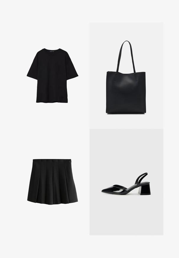 Musta puuvillainen t-paita, jossa on rento leikkaus, lyhyet hihat, pyöreä pääntie ja sileä rakenne. Ei näkyviä kuvioita tai yksityiskohtia.; Musta laskostettu mini-hame, jossa on sileä vyötärö ja jämäkkä käänteinen laatikkolaskos, eristyksissä valkoisella taustalla.; Mustat patentoitu nahkakengät, joissa on säären takaosa ja terävä kärki, sekä geometrinen palikkakorko. Sisältää tyylikkään, minimalistisen muotoilun ja sileän pinnan.; Mustapahkainen kangaskassi, jossa on sileä pinta, suorakaiteen muotoinen ja kaksi pitkää kahvaa. Ei näkyvää metalliosaa tai koristeita.