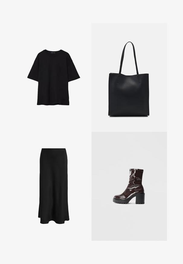 Čierne bavlnené tričko s voľným strihom, krátkymi rukávmi, zaobleným výstrihom a hladkou textúrou. Bez viditeľných vzorov alebo akcentov.; Čierna sukňa vyrobená z hladkej látky; má priliehajúci pás a rozšírený lem, čo vytvára elegantný, rovný siluet bez viditeľných zapínaní.; Lesklé burgundské kotníkové boty s robustním černým podpatkem, s hladkou strukturou a jednoduchým designem. Bez viditelných zapínání nebo vzorů.; Čierna kožená taška na rameno s hladkým povrchom, obdĺžnikovým tvarom a dvoma dlhými uchami. Bez viditeľného kovania alebo ozdôb.