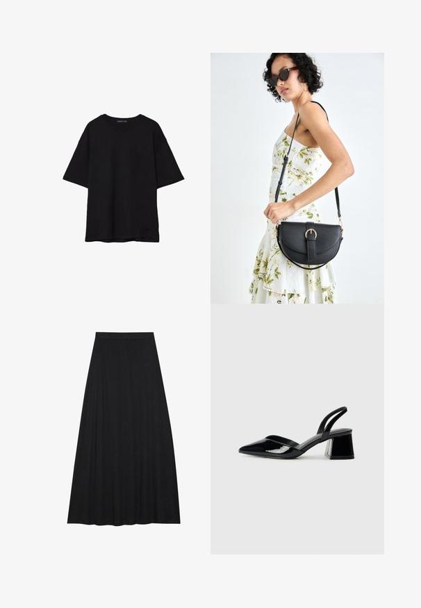 Svart bomull T-shirt med avslappnad passform, korta ärmar, rundad halsringning och en mjuk textur. Inga synliga mönster eller accenter.; Svart maxi kjol i mjukt, flödande tyg. Den har resår i midjan och en full A-linjeformad siluett med en slät yta.; Svarta lackläder slingback klackar med spetsig tå och geometrisk klack. Har en elegant, minimalistisk design och slät yta.; Svart läderhandväska med en böjd form, avtagbar rem och guldiga detaljer. Väskan har ett lock med en spänndetalj.