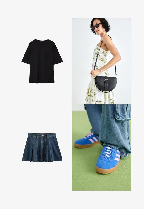 Musta puuvillainen t-paita, jossa on rento leikkaus, lyhyet hihat, pyöreä pääntie ja sileä rakenne. Ei näkyviä kuvioita tai yksityiskohtia.; Next REGULAR FIT - Minihame - dark blue; Siniset mokkakengät, joissa on vaaleanpunaiset raidat ja valkoiset nauhat, kumipohjalla, yhdistettyinä löysiin denimgyneihin vihreällä pinnalla.; Musta nahkainen käsilaukku, joka on kaareva muotoilultaan, irrotettavalla hihnalla ja kultaisilla yksityiskohdilla. Laukussa on läppä, jossa on solk yksityiskohta.