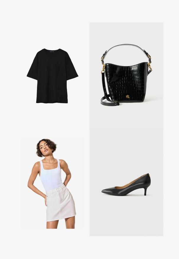 Černé bavlněné tričko s volným střihem, krátkými rukávy, zaobleným výstřihem a hladkou texturou. Bez viditelných vzorů nebo akcentů.; Bílý top bez rukávů se čtvercovým výstřihem v kombinaci s lehkou béžovou denimovou mini sukénkou, která má přední kapsy a jemné švy.; Černé kožené lodičky s špičatou špičkou, nízkým podpatkem a hladkým povrchem. Mají mírné otevření vpředu a minimální kovové prvky na zadní straně.; Černá kožená taška s krokodýlím vzorem, zakřiveného tvaru, se zlatými kovovými akcenty, nastavitelným popruhem a logem na přední straně.