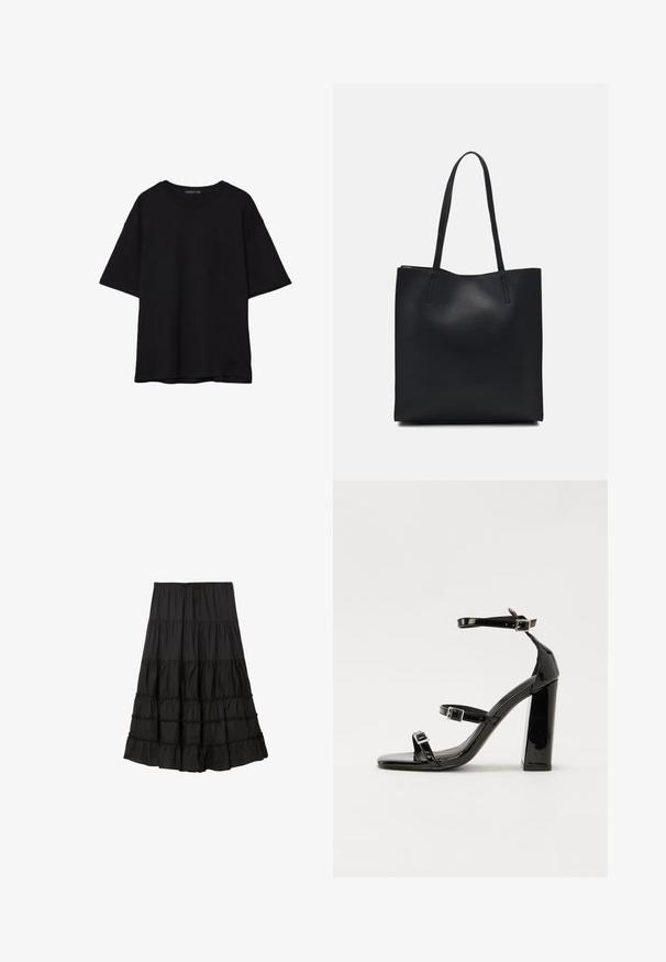 Zwarte katoenen T-shirt met een relaxed fit, korte mouwen, ronde hals en een gladde textuur. Geen zichtbare patronen of accenten.; Zwarte gelaagde rok van lichtgewicht stof, met een trekkoord in de taille, ruches aan de onderrand en een vloeiende silhoeet.; Zwarte gepatenteerde sandalen met hak en een vierkante neus, enkelbandjes en zilveren gespen. Heeft een stevige blokhak voor stabiliteit.; Zwarte leren handtas met een gladde textuur, rechthoekige vorm en twee lange handvaten. Geen zichtbare hardware of versieringen.