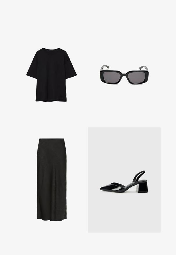 Črna bombažna majica s sproščenim krojem, kratkimi rokavi, zaobljenim izrezom in gladko teksturo. Brez vidnih vzorcev ali dodatkov.; Črna, dolga krila iz teksturiranega blaga. Ima gladek pas, rahel padec in minimalen dizajn brez dodatnih podrobnosti.; Črne lakirane slingback pete s koničastim nosom in geometrijsko blokasto peto. Imajo eleganten, minimalističen dizajn in gladko teksturo.; Črne pravokotne sončne očala z temnimi lečami, gladkim plastičnim okvirjem in ukrivljenimi nogicami. Oblika je robustna in minimalistična.
