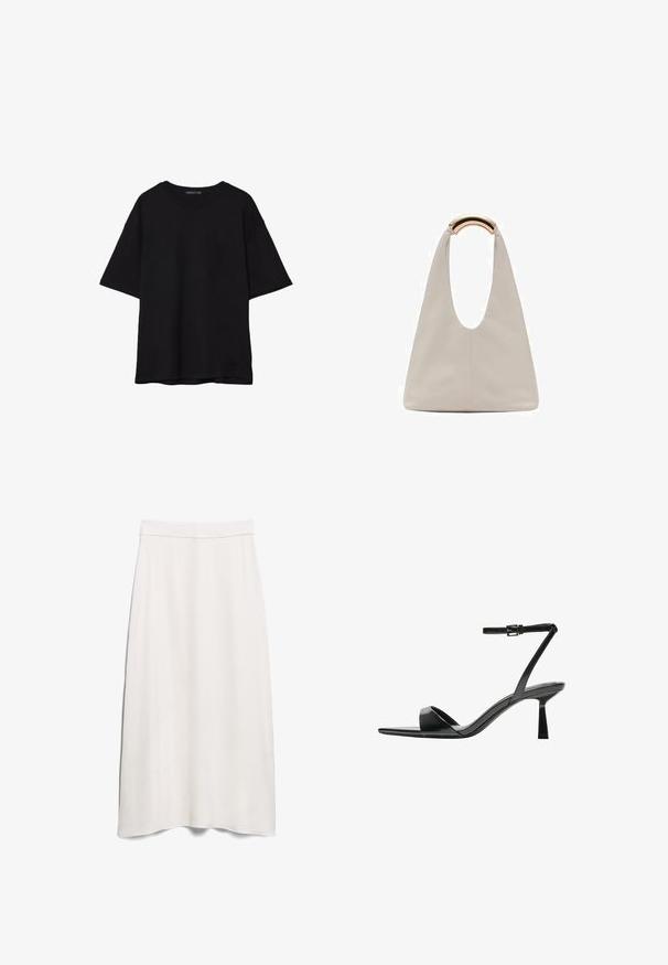 T-shirt noir en coton avec une coupe décontractée, des manches courtes, un col arrondi et une texture lisse. Pas de motifs ni d'accents visibles.; Jupe A-line blanche en tissu lisse, dotée d'une taille haute et d'un design long jusqu'au sol avec un tombé subtil.; Bershka Sandales à talons hauts - black; Sac en cuir gris clair avec un design en forme de U et une poignée métallique courbée. Texture lisse avec un minimum de coutures et sans motifs visibles.