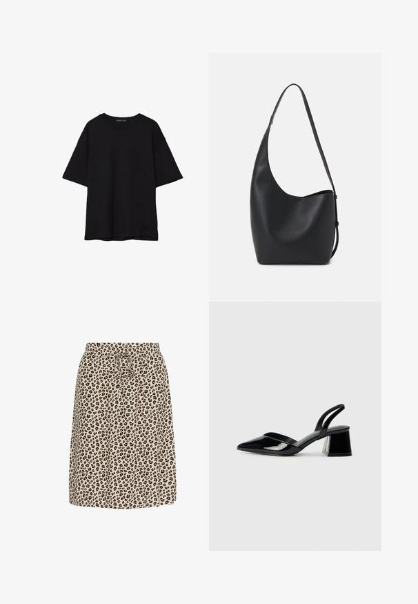 Črna bombažna majica s sproščenim krojem, kratkimi rokavi, zaobljenim izrezom in gladko teksturo. Brez vidnih vzorcev ali dodatkov.; Krilo v leopardjem vzorcu v bež barvi, z elastičnim pasom in vezalko. Narejeno iz lahkega materiala z mehkobo.; Črne lakirane slingback pete s koničastim nosom in geometrijsko blokasto peto. Imajo eleganten, minimalističen dizajn in gladko teksturo.; Črna usnjena hobo torba z gladko teksturo, ukrivljeno obliko in eno nastavljivo naramnico; ima širok odprtina na vrhu.