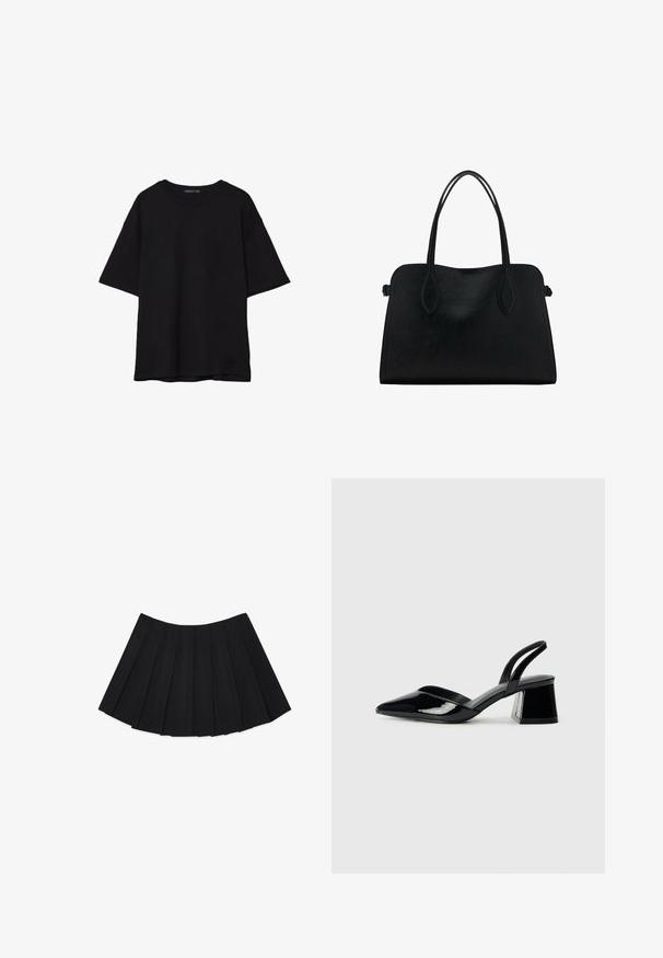 Čierne bavlnené tričko s voľným strihom, krátkymi rukávmi, zaobleným výstrihom a hladkou textúrou. Bez viditeľných vzorov alebo akcentov.; Čierna plisovaná sukňa s viacerými vertikálnymi záhybmi, hladkou textúrou a kruhovým lemom, navrhnutá s neviditeľným bočným zipsom.; Čierne lakované kožené sandálové podpätky s špicatou špičkou a geometrickým blokovým podpätkom. Disponujú elegantným, minimalistickým dizajnom a hladkým povrchom.; Čierna kožená kabelka s dvojitými popruhmi na rameno, obdĺžnikový tvar a minimalistický dizajn na bielom pozadí.