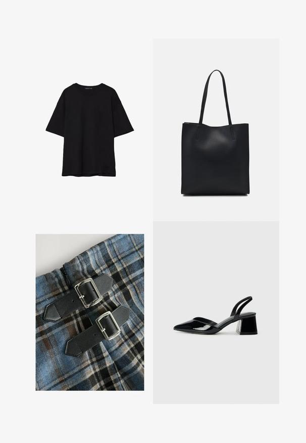 Musta puuvillainen t-paita, jossa on rento leikkaus, lyhyet hihat, pyöreä pääntie ja sileä rakenne. Ei näkyviä kuvioita tai yksityiskohtia.; Ruudullinen tekstiili, jossa on sinisiä, ruskeita ja mustia värejä, ja vyötäröllä kaksi mustaa keinonahkavyötä, joissa on hopeiset soljet. Vetoketju näkyvissä.; Mustat patentoitu nahkakengät, joissa on säären takaosa ja terävä kärki, sekä geometrinen palikkakorko. Sisältää tyylikkään, minimalistisen muotoilun ja sileän pinnan.; Mustapahkainen kangaskassi, jossa on sileä pinta, suorakaiteen muotoinen ja kaksi pitkää kahvaa. Ei näkyvää metalliosaa tai koristeita.