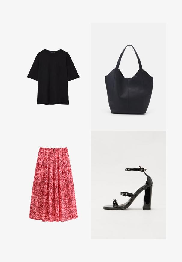 T-shirt noir en coton avec une coupe décontractée, des manches courtes, un col arrondi et une texture lisse. Pas de motifs ni d'accents visibles.; Jupe rouge avec un motif floral et des accents blancs, taille froncée, design en tiers et tissu léger.; Sandales à talons vernies noires avec un bout carré, des sangles autour de la cheville et des boucles en argent. Dotées d'un talon bloc épais pour plus de stabilité.; Sac fourre-tout noir en cuir lisse, doté d'un haut ouvert et courbé avec deux brides d'épaule et un design minimaliste.