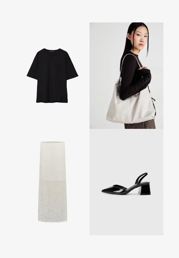 T-shirt in cotone nero con vestibilità rilassata, maniche corte, scollatura arrotondata e una texture liscia. Nessuna trama o accento visibile.; Lampada con paralume in pizzo bianco, forma cilindrica con motivo floreale, texture trasparente e bordo superiore liscio. Supporta attacco per lampadina standard.; Décolleté in vernice nera con punta affusolata e tacco in geometria cubica. Presentano un design elegante e minimalista, con una texture liscia.; Borsa a mano beige realizzata in materiale morbido, caratterizzata da un design morbido, dettagli cuciti e due manici. Adatta per l'uso quotidiano.