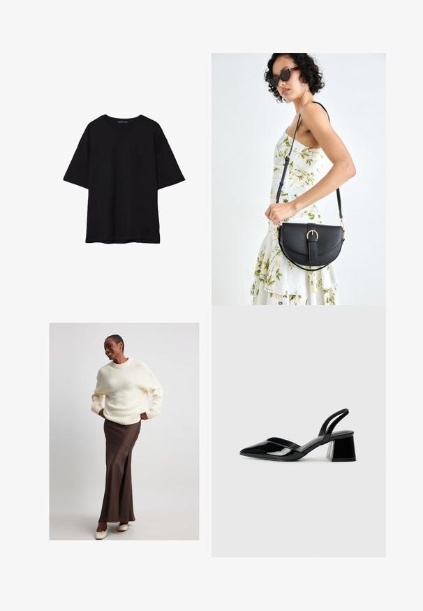 Schwarzes Baumwoll-T-Shirt mit lässiger Passform, kurzen Ärmeln, runder Ausschnitt und glatter Textur. Keine sichtbaren Muster oder Akzente.; NA-KD Maxirock - brown; Schwarze Lackleder-Slingback-High Heels mit spitzem Schuh und einem geometrischen Blockabsatz. Verfügt über ein schlankes, minimalistisches Design und eine glatte Textur.; Schwarze Lederhandtasche mit geschwungener Form, abnehmbarem Tragegurt und goldenen Beschlägen. Die Tasche verfügt über einen Deckel mit einer Schnallen-Details.