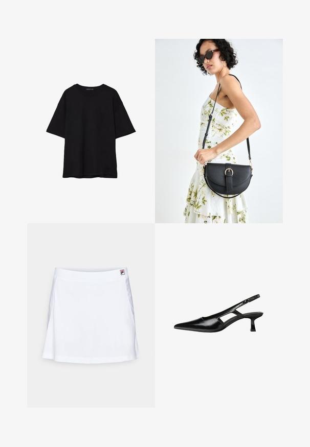 Musta puuvillainen t-paita, jossa on rento leikkaus, lyhyet hihat, pyöreä pääntie ja sileä rakenne. Ei näkyviä kuvioita tai yksityiskohtia.; Valkoinen urheiluhame, jossa on sileä ja joustava kangas, leveä helma ja pieni logotagi vyötäröllä.; Mustat lakatut nahkakengät, joissa on viistopää, leikattu sivusuunnassa ja pieni neliökoroke. Sujuva pinta, jossa on minimaalinen koristelu.; Musta nahkainen käsilaukku, joka on kaareva muotoilultaan, irrotettavalla hihnalla ja kultaisilla yksityiskohdilla. Laukussa on läppä, jossa on solk yksityiskohta.