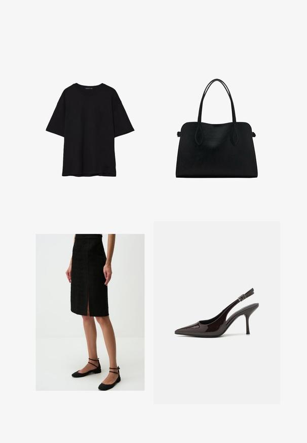 Czarna bawełniana koszulka z luźnym krojem, krótkimi rękawami, okrągłym dekoltem i gładką fakturą. Bez widocznych wzorów ani akcentów.; Czarna spódnica ołówkowa z teksturowanej tkaniny, do kolan, z rozcięciem z przodu, w połączeniu z czarnymi płaskimi butami i paskami wokół kostki.; Sandały na obcasie typu slingback z błyszczącej ciemno-brązowej lakierowanej skóry, w szpic, z otwartymi bokami i regulowanym paskiem wokół kostki.; Czarna skórzana torba na ramię z podwójnymi paskami, prostokątny kształt i minimalistyczny design na białym tle.