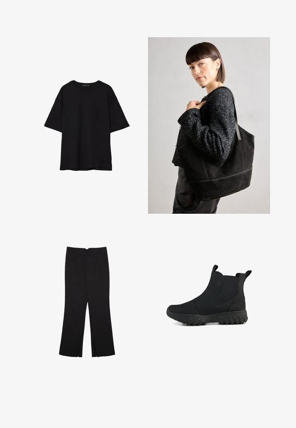 Czarna bawełniana koszulka z luźnym krojem, krótkimi rękawami, okrągłym dekoltem i gładką fakturą. Bez widocznych wzorów ani akcentów.; Czarne spodnie o prostym kroju, z przednimi kieszeniami i bocznymi rozcięciami na dole. Wykonane z miękkiego, gładkiego materiału. Odpowiednie na różne okazje.; Czarne botki za kostkę o eleganckim designie, wykonane z teksturowanej gumy. Posiadają masywną, podbity spodnią część oraz uchwyty po bokach.; Czarna torba tote zamszowa o gładkiej fakturze, strukturalnym kształcie i kontrastowym przeszyciu. Posiada długie rączki do noszenia na ramieniu.