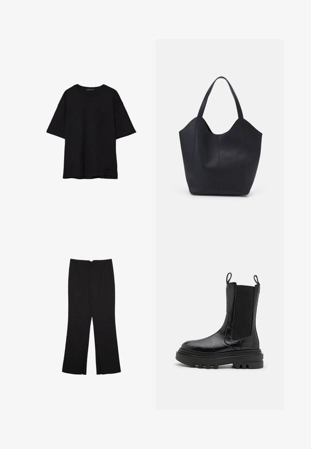 Crna pamučna majica s opuštenim krojem, kratkim rukavima, okruglim izrezom i glatkom teksturom. Nema vidljivih uzoraka ili detalja.; Crne hlače ravnog kroja, s prednjim džepovima i bočnim prorezima na rubu. Izrađene od mekog i glatkog materijala. Pogodne za razne prigode.; Crne gležnjače s sjajnim kožnim završetkom, elastičnim bočnim panelima, trakama za povlačenje i debelim, teksturiranim gumama. Masivan dizajn, elegantan oblik.; Crna torba od glatke kože, s zakrivljenim otvorenim vrhom, dva remena za rame i minimalističkim dizajnom.