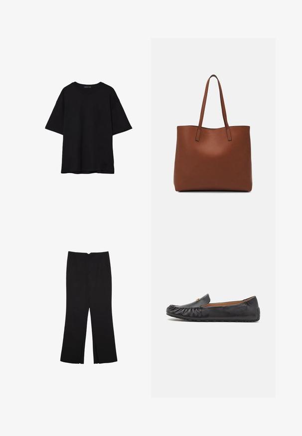 Czarna bawełniana koszulka z luźnym krojem, krótkimi rękawami, okrągłym dekoltem i gładką fakturą. Bez widocznych wzorów ani akcentów.; Czarne spodnie o prostym kroju, z przednimi kieszeniami i bocznymi rozcięciami na dole. Wykonane z miękkiego, gładkiego materiału. Odpowiednie na różne okazje.; Czarne skórzane mokasyny na płaskiej podeszwie, z przeszyciami, okrągłym noskiem i subtelnym złotym akcentem. Miękka tekstura i gumowa podeszwa dla lepszej przyczepności.; Brązowa skórzana torba tote o gładkiej fakturze, z otwartym wierzchem i dwoma ramiączkami. Charakteryzuje się minimalnym przeszyciem i brakiem widocznych elementów metalowych.
