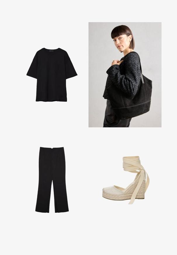 Czarna bawełniana koszulka z luźnym krojem, krótkimi rękawami, okrągłym dekoltem i gładką fakturą. Bez widocznych wzorów ani akcentów.; Czarne spodnie o prostym kroju, z przednimi kieszeniami i bocznymi rozcięciami na dole. Wykonane z miękkiego, gładkiego materiału. Odpowiednie na różne okazje.; Beżowe espadryle na koturnie z teksturowanej tkaniny, z jutowym podniesieniem i długimi materiałowymi wiązaniami w kostkę. Charakteryzują się okrągłym noskiem oraz plecionym detalem na pięcie.; Czarna torba tote zamszowa o gładkiej fakturze, strukturalnym kształcie i kontrastowym przeszyciu. Posiada długie rączki do noszenia na ramieniu.