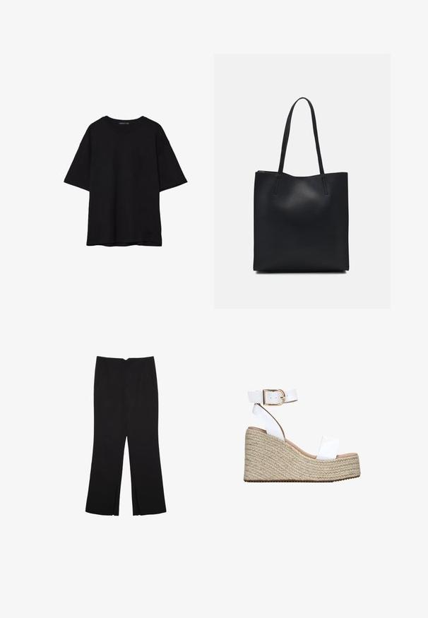 T-shirt in cotone nero con vestibilità rilassata, maniche corte, scollatura arrotondata e una texture liscia. Nessuna trama o accento visibile.; Pantaloni neri a gamba dritta, con tasche frontali e spacchi laterali all'orlo. Realizzati in tessuto morbido e liscio. Adatti a diverse occasioni.; Sandalo con zeppa in pelle bianca, piattaforma in juta intrecciata, punta aperta e cinturino alla caviglia con fibbia in tono oro e superficie liscia.; Borsa tote in pelle nera con texture liscia, forma rettangolare e due manici lunghi. Nessun hardware o decorazione visibile.