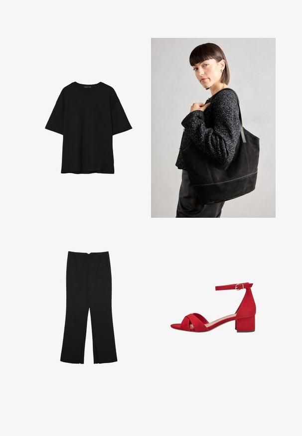 Musta puuvillainen t-paita, jossa on rento leikkaus, lyhyet hihat, pyöreä pääntie ja sileä rakenne. Ei näkyviä kuvioita tai yksityiskohtia.; Mustat housut suoralinjaisella leikkauksella, joissa on etutaskut ja sivurei'ät helman alla. Valmistettu pehmeästä ja sileästä kankaasta. Sopii eri tilaisuuksiin.; Punainen mokkanahkainen avotossu, jossa on korot, lohkareen korko ja nilkkahihna metallisella soljella, ristikkäishihnasuunnittelu ja sileä pinta.; Musta mokkanahkainen laukku, jossa on sileä pinta, jämäkkä muoto ja kontrastivärinen ommel. Varustettu pitkillä hihnoilla olalla kantamista varten.