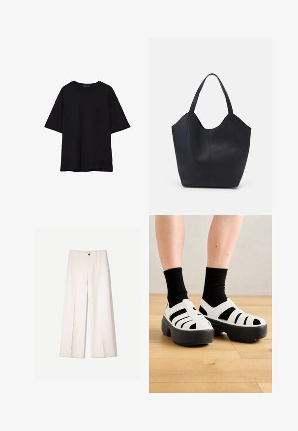 Musta puuvillainen t-paita, jossa on rento leikkaus, lyhyet hihat, pyöreä pääntie ja sileä rakenne. Ei näkyviä kuvioita tai yksityiskohtia.; Kerman leveletut housut räätälöidyllä designilla, joissa on kaksi etutaskua ja yksi etunapituksilla, valmistettu sileästä kankaasta.; Valkoiset paksut sandaalit mustilla yksityiskohdilla, joissa on useita leikkuja ja paksu musta pohja. Teksturoitu materiaali peittää varpaiden ja sivujen alueen.; Mustat kangaskassit, jotka on valmistettu sileästä nahasta, jossa on kaareva, avoin yläosa, kaksi olkahihnaa ja minimalistinen muotoilu.