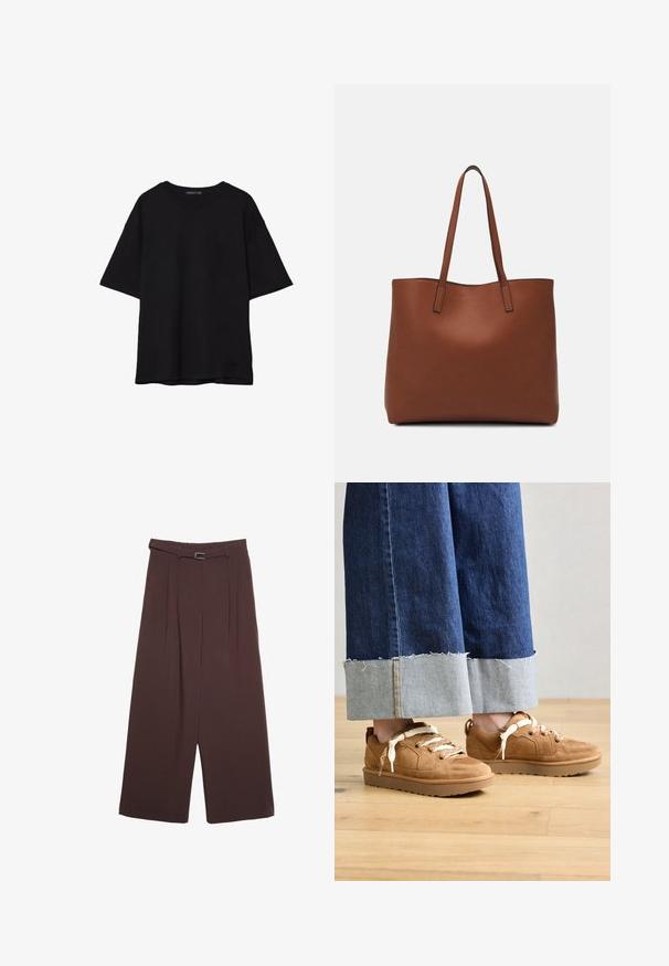 Czarna bawełniana koszulka z luźnym krojem, krótkimi rękawami, okrągłym dekoltem i gładką fakturą. Bez widocznych wzorów ani akcentów.; Stradivarius - Spodnie materiałowe; Brązowe zamszowe trampki z teksturowanymi panelami i jasnymi sznurowadłami. Połączone z szerokimi, niebieskimi dżinsami z postrzępionymi brzegami.; Brązowa skórzana torba tote o gładkiej fakturze, z otwartym wierzchem i dwoma ramiączkami. Charakteryzuje się minimalnym przeszyciem i brakiem widocznych elementów metalowych.
