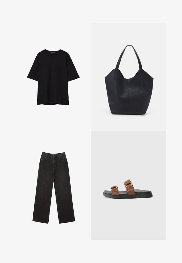 Svart bomull T-shirt med avslappnad passform, korta ärmar, rundad halsringning och en mjuk textur. Inga synliga mönster eller accenter.; Svart vida jeans i denim, med små prickiga mönster, klassisk femfickorsdesign och stängning med knäppning och dragkedja.; Bruna lädersandaler med öppna tår har två breda remmar med guldtonad hårdvara, som vilar på en texturerad svart gummisula.; Svart tote-väska i slät läder, med en böjd, öppen topp, två axelremmar och en minimalistisk design.