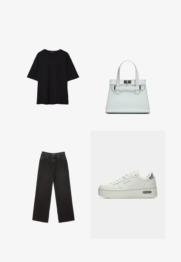 Musta puuvillainen t-paita, jossa on rento leikkaus, lyhyet hihat, pyöreä pääntie ja sileä rakenne. Ei näkyviä kuvioita tai yksityiskohtia.; Mustat leveät farkut, jotka on valmistettu denimestä ja joissa on pieniä pistekuvioita, perinteinen viisi-taskuinen muotoilu sekä nappi- ja vetskarihyttys.; Valkoiset nahkaiset lenkkarit, joissa on tekstuuripohja, hopeinen metallinen kantatappi ja 'REPLAY'-brändäys sivulla. Minimalistinen muotoilu.; Vaaleansininen käsilaukku, jossa on jämäkkä muotoilu, kaksi kahvaa ja hopeanvärinen kiinnitys. Pinta on teksturoitu ja kulmat terävät.