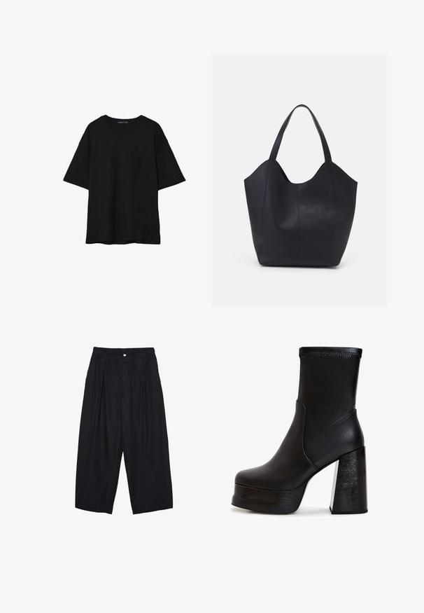 Crna pamučna majica s opuštenim krojem, kratkim rukavima, okruglim izrezom i glatkom teksturom. Nema vidljivih uzoraka ili detalja.; Crne poliester hlače culotte s elastičnim pojasom, dva prednja nabora i širokim krojem. Nema vidljivih uzoraka ili metalnih detalja.; Crne gležnjače od glatke kože. Imaju visoki blok petu s drvenim efektom i čvrstom platformom. Šavovi su vidljivi na gornjem dijelu.; Crna torba od glatke kože, s zakrivljenim otvorenim vrhom, dva remena za rame i minimalističkim dizajnom.