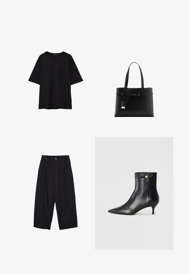 Czarna bawełniana koszulka z luźnym krojem, krótkimi rękawami, okrągłym dekoltem i gładką fakturą. Bez widocznych wzorów ani akcentów.; Czarne spodnie culotte z poliestru z elastycznym pasem, dwoma fałdami z przodu i luźnym krojem. Brak widocznych wzorów lub elementów metalowych.; Czarny skórzany botek za kostkę z wydłużonym noskiem i małym, zwężającym się obcasem. Posiada dekoracyjny pasek z złotym guzikiem jako akcent. Gładka tekstura.; Czarna skórzana torba tote z dwoma uchwytami, cienkim dekoracyjnym paskiem i małym zawieszką w kształcie kłódki na białym tle.