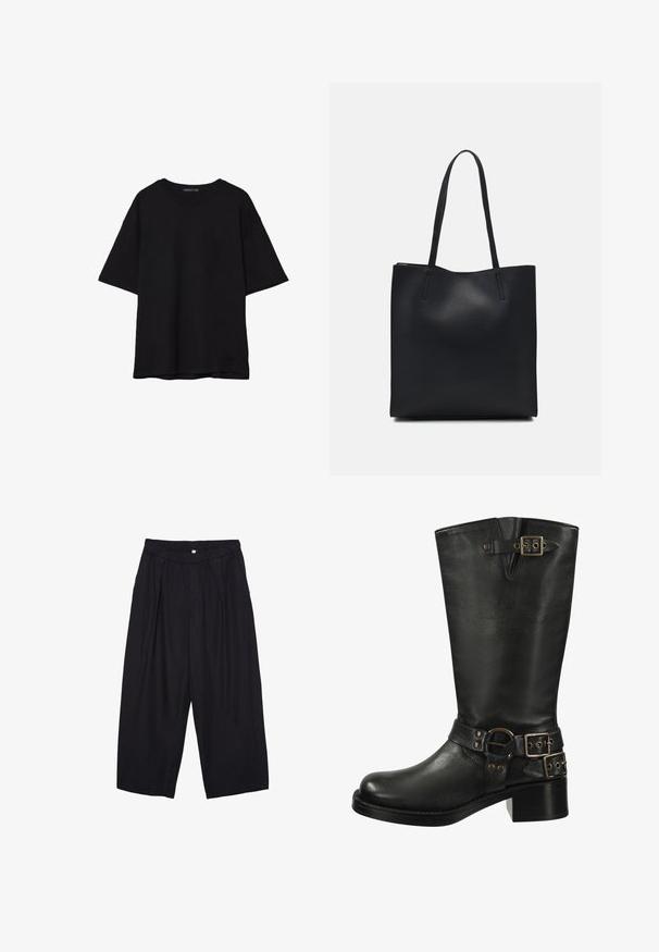 Černé bavlněné tričko s volným střihem, krátkými rukávy, zaobleným výstřihem a hladkou texturou. Bez viditelných vzorů nebo akcentů.; Černé polyesterové culotte kalhoty s elastickým pasem, dvěma předními sklady a volným siluetou. Žádné viditelné vzory ani kovové detaily.; Černé kožené vysoké boty ke kolenům s kulatou špičkou, tvarovaným designem, dvojitými sponami a silným podpatkem. Vlastnosti zahrnují texturovaný povrch.; Černá kožená taška přes rameno s hladkým povrchem, obdélníkovým tvarem a dvěma dlouhými uchy. Žádné viditelné kování ani ozdoby.