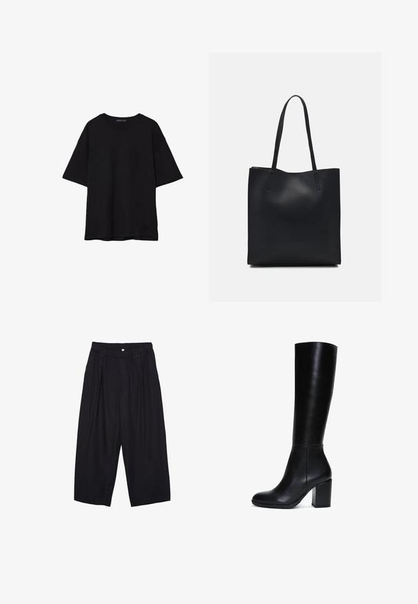 Black cotton T-shirt with a relaxed fit, short sleeves, rounded neckline, and a smooth texture. No visible patterns or accents.; Black polyester culotte pants with an elastic waistband, two front pleats, and a loose silhouette. No visible patterns or hardware details.; Knee-high black leather boot with a smooth texture, rounded toe, and a square block heel. Features minimal hardware and a sleek design.; Black leather tote bag with smooth texture, rectangular shape, and two long handles. No visible hardware or embellishments.