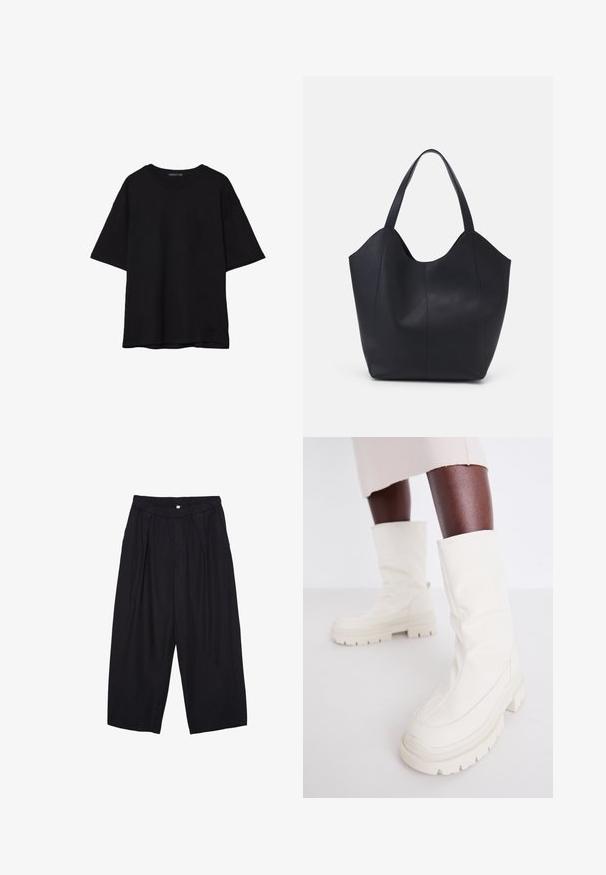 Czarna bawełniana koszulka z luźnym krojem, krótkimi rękawami, okrągłym dekoltem i gładką fakturą. Bez widocznych wzorów ani akcentów.; Czarne spodnie culotte z poliestru z elastycznym pasem, dwoma fałdami z przodu i luźnym krojem. Brak widocznych wzorów lub elementów metalowych.; Białe botki za kostkę o miękkiej, teksturowanej powierzchni, z grubą gumową podeszwą i rzeźbionym kształtem, nadającym nowoczesny design.; Czarna torba na ramię wykonana z gładkiej skóry, z zaokrąglonym, otwartym topem i dwoma paskami na ramię oraz minimalistycznym designem.