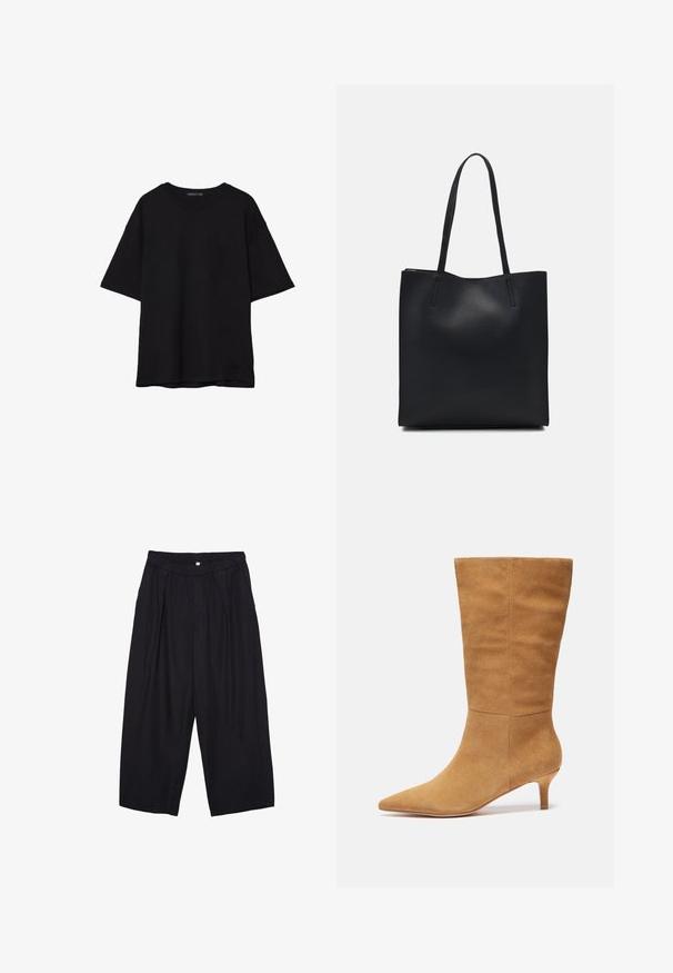 Čierne bavlnené tričko s voľným strihom, krátkymi rukávmi, zaobleným výstrihom a hladkou textúrou. Bez viditeľných vzorov alebo akcentov.; Čierne polyesterové culotte nohavice s elastickým pásom, dvoma prednými záhybmi a voľným strihom. Žiadne viditeľné vzory ani detaily z kovu.; Zign Čižmy - beige; Čierna kožená taška na rameno s hladkým povrchom, obdĺžnikovým tvarom a dvoma dlhými uchami. Bez viditeľného kovania alebo ozdôb.