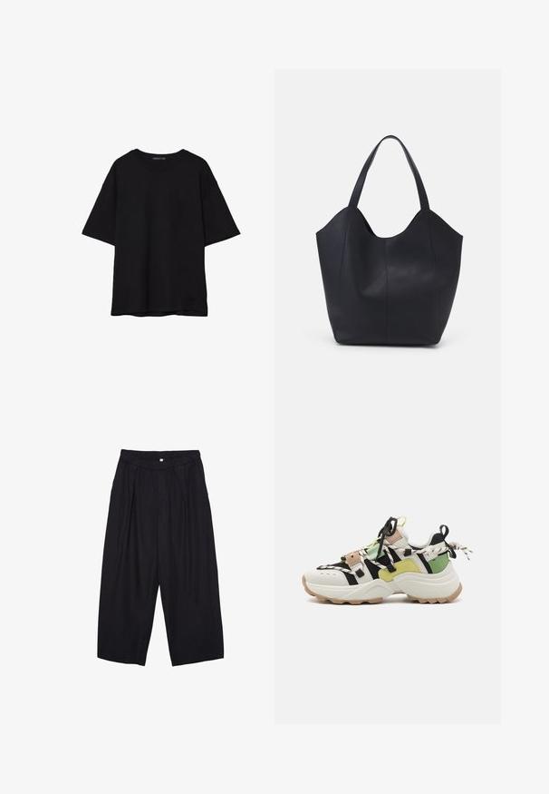 Čierne bavlnené tričko s voľným strihom, krátkymi rukávmi, zaobleným výstrihom a hladkou textúrou. Bez viditeľných vzorov alebo akcentov.; Čierne polyesterové culotte nohavice s elastickým pásom, dvoma prednými záhybmi a voľným strihom. Žiadne viditeľné vzory ani detaily z kovu.; Steve Madden TAZMANIA - Tenisky - spring green; Čierna taška s dlhým uchom vyrobená z hladkej kože, s oblým otvoreným vrchom a dvoma ramennými popruhmi, minimalistického dizajnu.