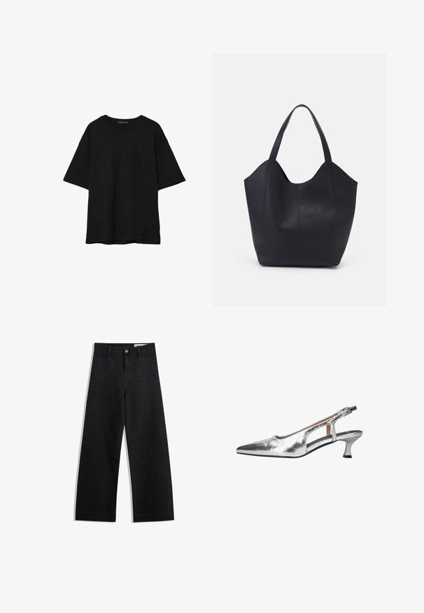 T-shirt in cotone nero con vestibilità rilassata, maniche corte, scollatura arrotondata e una texture liscia. Nessuna trama o accento visibile.; Pantaloni in denim neri a gamba larga con vita alta, dotati di tasche anteriori e posteriori, cuciture a punto, e chiusura con bottone. Texture liscia.; Scarpa slingback metallica argento con punta appuntita, tacco kitten basso, lati aperti e cinturino con fibbia. Texture liscia con una finitura lucida.; Borsa tote nera realizzata in pelle liscia, con una parte superiore curva e aperta, dotata di due manici per spalla e un design minimalista.