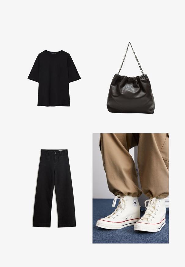 Schwarzes Baumwoll-T-Shirt mit lässiger Passform, kurzen Ärmeln, runder Ausschnitt und glatter Textur. Keine sichtbaren Muster oder Akzente.; Schwarze weit geschnittene Jeans mit hoher Taille, ausgestattet mit Vorder- und Hintertaschen, gesteppten Nähten und einem Knopfverschluss. Glatte Textur.; Weisse hohe Sneaker aus Canvas mit Gummisohle, ausgestattet mit einem schwarzen Sternlogo und roten sowie navyblauen Streifenakzenten.; Braune Lederhandtasche mit gerafftem Oberteil und Kettenriemen. Glatte Textur mit glänzendem Finish und subtilen Nahtdetails an den Seiten.