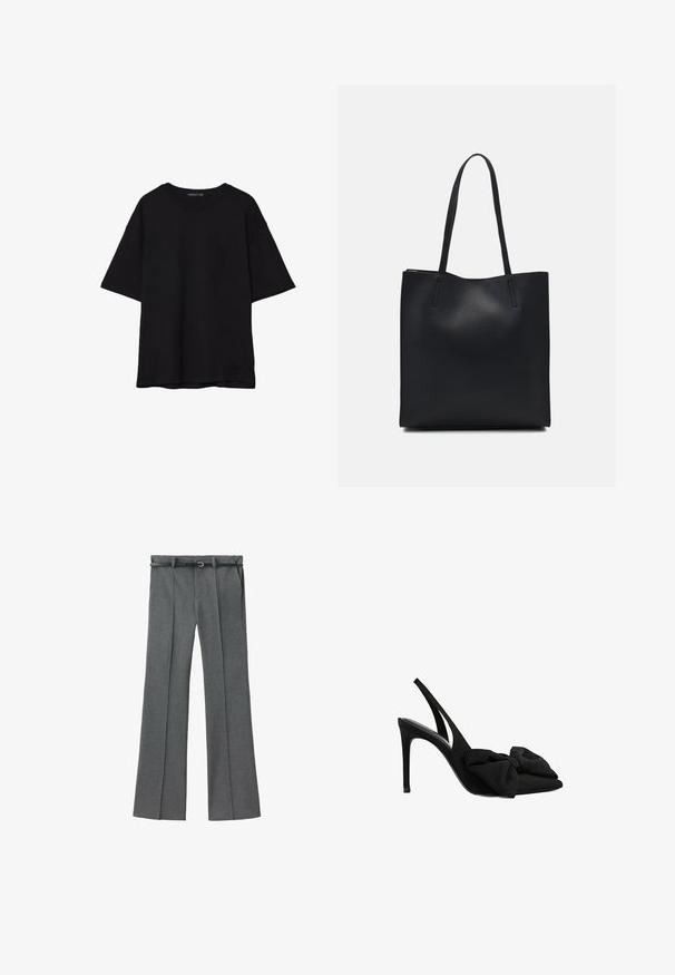 Črna bombažna majica s sproščenim krojem, kratkimi rokavi, zaobljenim izrezom in gladko teksturo. Brez vidnih vzorcev ali dodatkov.; Sive prirejene hlače z ravno nogavico, lahkotna tkanina, zanke za pas ter ozkim pasom z zmanjšanim srebrom.; Črne slingback visoke pete iz gladkega blaga s konicami na prstih in podrobnostjo iz blaga v obliki mašne spredaj. Ozka stileto peta.; Črna usnjena torba s svilnato teksturo, pravokotne oblike in dvema dolgima ročajema. Brez vidnih metalnih delov ali okrasnih elementov.