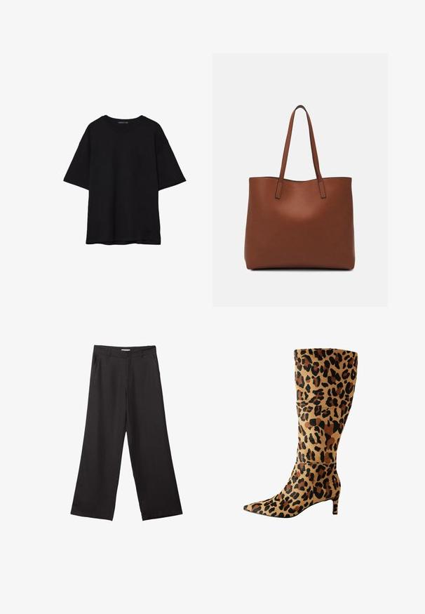 T-shirt in cotone nero con vestibilità rilassata, maniche corte, scollatura arrotondata e una texture liscia. Nessuna trama o accento visibile.; Pantaloni neri a gamba larga realizzati in tessuto liscio, con zip frontale e due tasche laterali, dal taglio sartoriale e design minimalista.; Stivale a ginocchio in stampa leopardo realizzato in materiale morbido, con punta appuntita e tacco basso, caratterizzato da un audace motivo a macchie nere e marroni.; Borsa tote in pelle marrone con texture liscia, design con apertura superiore e due spallacci. Presenta cuciture minime e nessun hardware visibile.