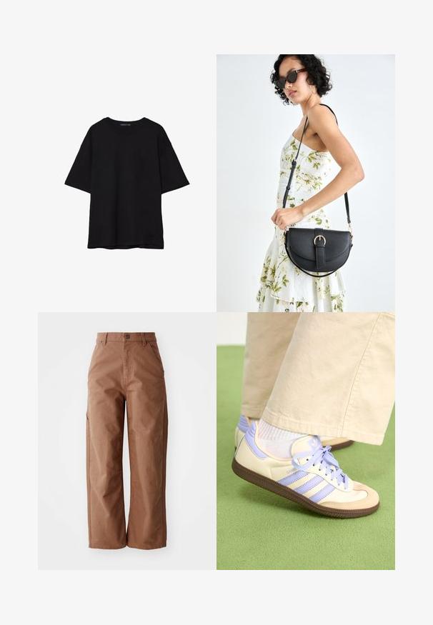 Čierne bavlnené tričko s voľným strihom, krátkymi rukávmi, zaobleným výstrihom a hladkou textúrou. Bez viditeľných vzorov alebo akcentov.; Hnedé široké nohavice vyrobené z pevnej tkaniny. Majú vysoký pás, predné vrecká a jemné detaily prešívania.; Krémovo-fialové tenisky so tromi pruhmi a štruktúrovanou hnedou podrážkou, s šnúrkami a polstrovaným opätkom. Mäkký textilný zvršok.; Čierna kožená kabelka s zaobleným tvarom, odnímateľným popruhom a zlatými doplnkami. Kabelka má klopu s detailom s prackou.