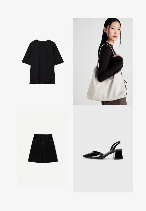 Svart bomull T-shirt med avslappnad passform, korta ärmar, rundad halsringning och en mjuk textur. Inga synliga mönster eller accenter.; Svarta denimshorts med lös passform, utrustade med fem fickor, gula sömmar och en medelhög midje-design.; Svarta lackläder slingback klackar med spetsig tå och geometrisk klack. Har en elegant, minimalistisk design och slät yta.; Beige handväska tillverkad av mjukt material, med en avslappnad design, sydda detaljer och två axelremmar. Lämplig för dagligt bruk.