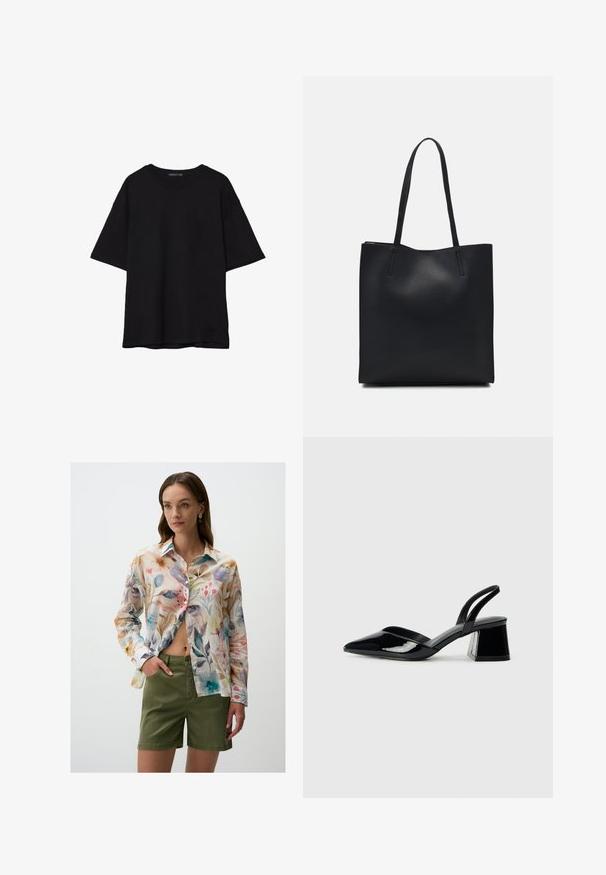T-shirt in cotone nero con vestibilità rilassata, maniche corte, scollatura arrotondata e una texture liscia. Nessuna trama o accento visibile.; Jimmy Key REGULAR WAIST - Shorts di jeans - khaki; Décolleté in vernice nera con punta affusolata e tacco in geometria cubica. Presentano un design elegante e minimalista, con una texture liscia.; Borsa tote in pelle nera con texture liscia, forma rettangolare e due manici lunghi. Nessun hardware o decorazione visibile.