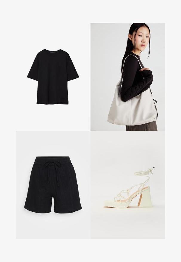 Černé bavlněné tričko s volným střihem, krátkými rukávy, zaobleným výstřihem a hladkou texturou. Bez viditelných vzorů nebo akcentů.; Černé lněné šortky s elastickým pasem, nastavovací šňůrkou a jemnou vertikální texturou. Uvolněný střih, délka do poloviny stehna.; Bílé sandály na vysokém podpatku s robustním podpatkem, s designem s pásky a zavazováním kolem kotníku. Hladký povrch s platformou vpředu pro zvýšení výšky.; Beige kabelka vyrobená z měkkého materiálu, s volným designem, prošívanými detaily a dvěma ramenními popruhy. Vhodná pro každodenní použití.