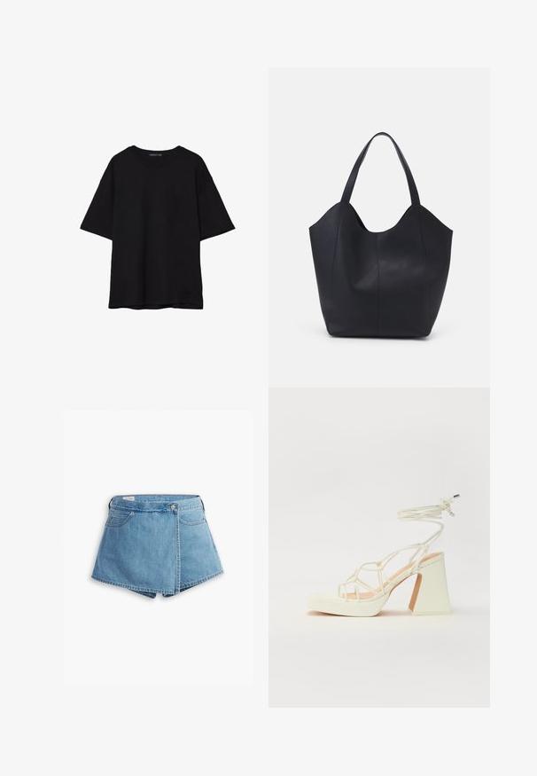 Musta puuvillainen t-paita, jossa on rento leikkaus, lyhyet hihat, pyöreä pääntie ja sileä rakenne. Ei näkyviä kuvioita tai yksityiskohtia.; Vaaleansiniset farkkushortsit, joissa on vyötäröltä kietoutuva muotoilu, etutaskut ja metallinappikiinnitys. Tasainen pinta, jossa on ommellut reunat.; Valkoinen korkokenkä, jossa on paksu korko, ja joka sisältää nauhakiinnityksen ja nilkkaketjun. Sujuva pinta, jossa on platform-etupohja lisäkorkeutta varten.; Mustat kangaskassit, jotka on valmistettu sileästä nahasta, jossa on kaareva, avoin yläosa, kaksi olkahihnaa ja minimalistinen muotoilu.