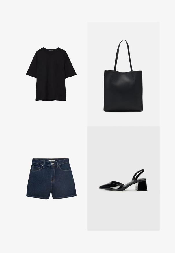 T-shirt in cotone nero con vestibilità rilassata, maniche corte, scollatura arrotondata e una texture liscia. Nessuna trama o accento visibile.; Shorts in denim blu scuro, con vita aderente, design a cinque tasche e cuciture a contrasto sui bordi. Chiusura classica con bottone.; Décolleté in vernice nera con punta affusolata e tacco in geometria cubica. Presentano un design elegante e minimalista, con una texture liscia.; Borsa tote in pelle nera con texture liscia, forma rettangolare e due manici lunghi. Nessun hardware o decorazione visibile.