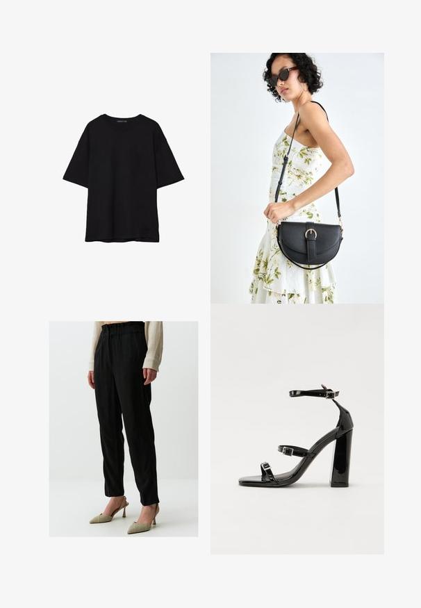 Czarna bawełniana koszulka z luźnym krojem, krótkimi rękawami, okrągłym dekoltem i gładką fakturą. Bez widocznych wzorów ani akcentów.; Czarne, luźne spodnie z elastycznym, zebranym paskiem w talii, połączone z metalicznymi, szpiczastymi szpilkami. Gładka faktura z subtelnym połyskiem.; Czarne lakierowane sandały na obcasie z kwadratowym noskiem, z paskami wokół kostki i srebrnymi klamrami. Posiadają masywny słupek dla stabilności.; Czarna skórzana torebka o zakrzywionym kształcie, z odpinanym paskiem i złotymi akcentami. Torebka posiada klapę z zapięciem w kształcie klamry.